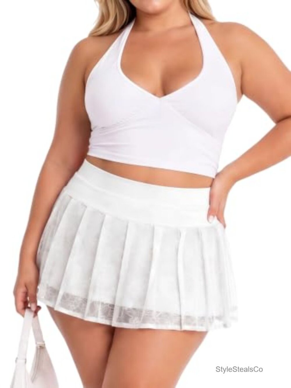 Plus Size Lace Mini Pleated Skirt with Shorts High Waist A-Line Party Date Night
